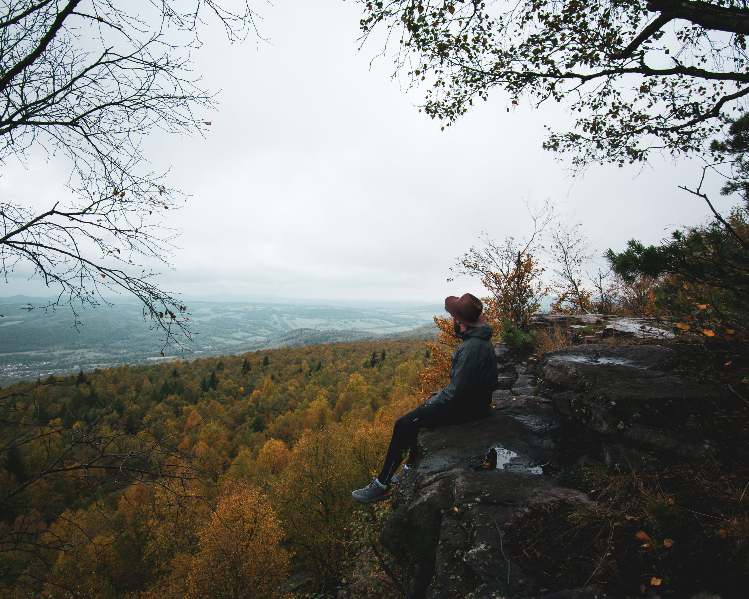 Man sitting above a forest in autumn in Bohemian Switzerland in Czech Republic