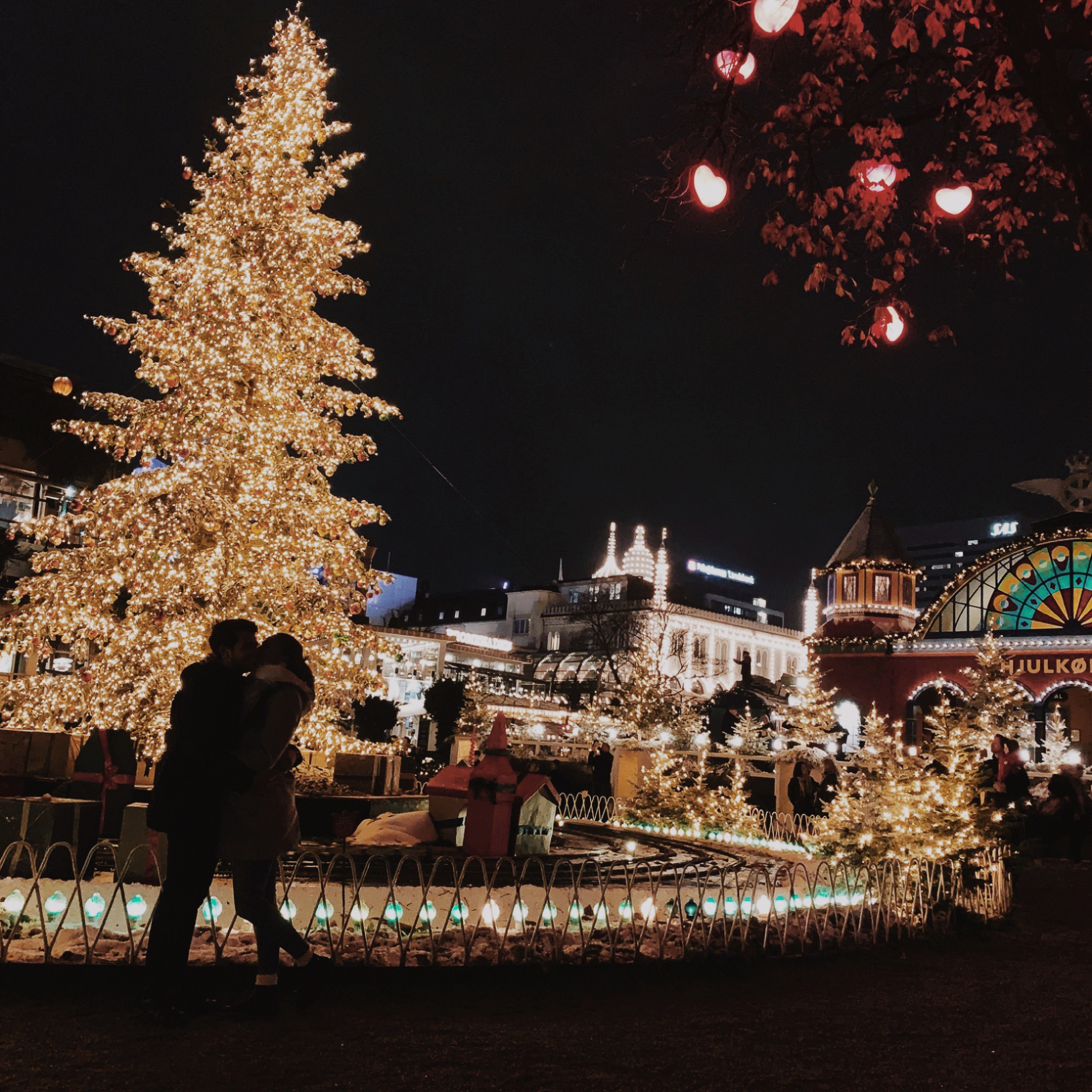 Couple hugging in front of a Christmas tree in the night in Tivoli garden in Copenhagen