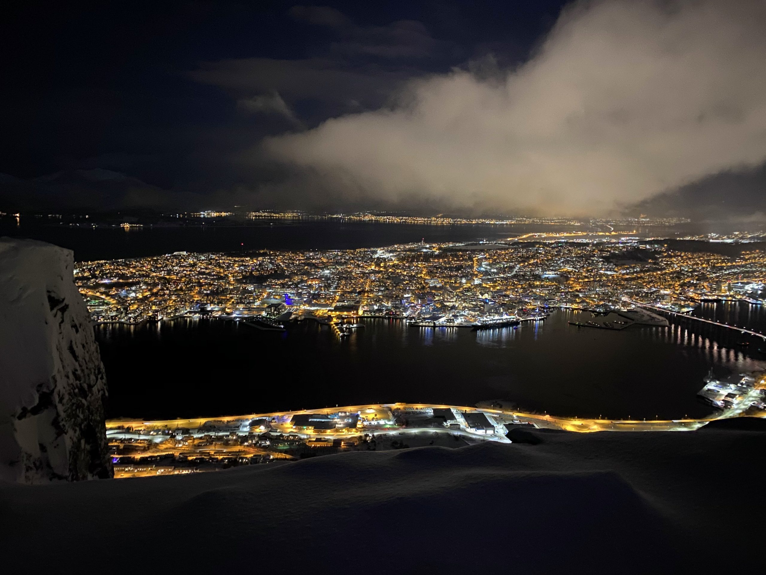 View over Tromsø from the top of the cable car at night