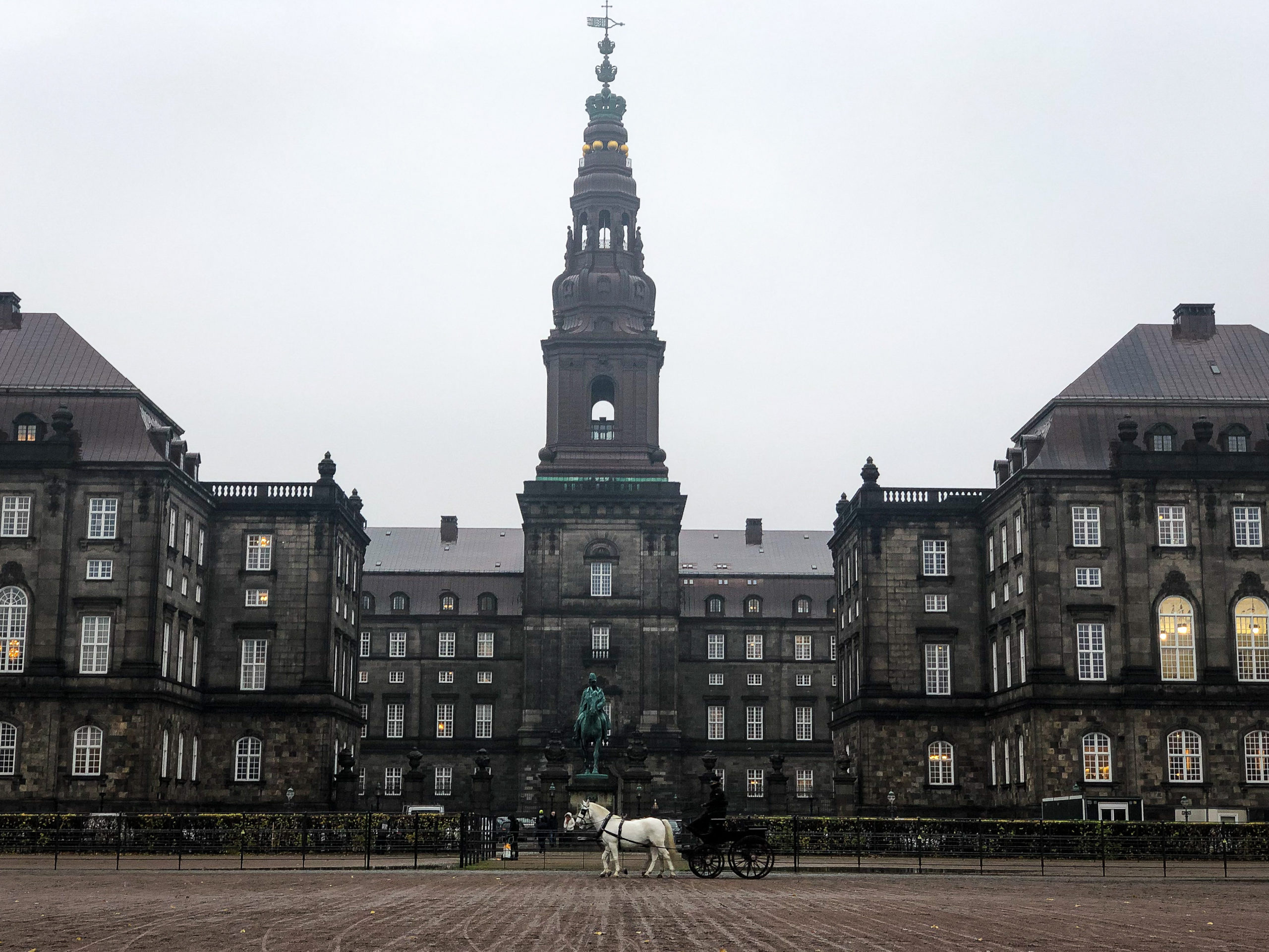 Royal horses training in front of the Parliament building in Copenhagen