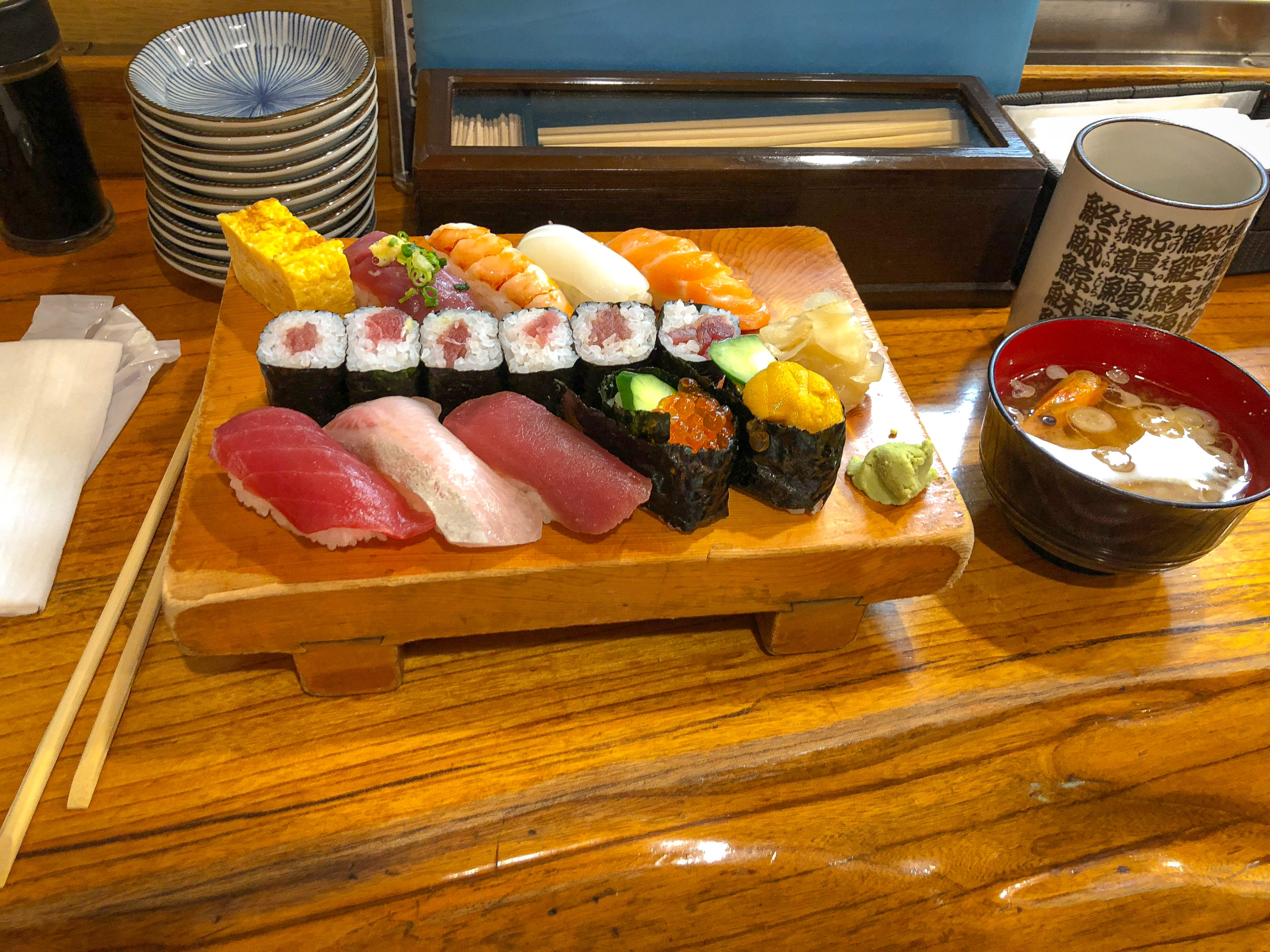 Sushi platter in Tsukiji Market in Tokyo in Japan