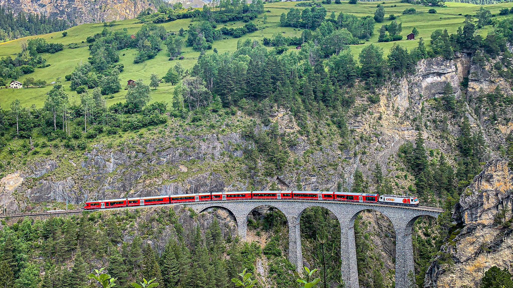Train on the Landwasser Viaduct in Switzerland