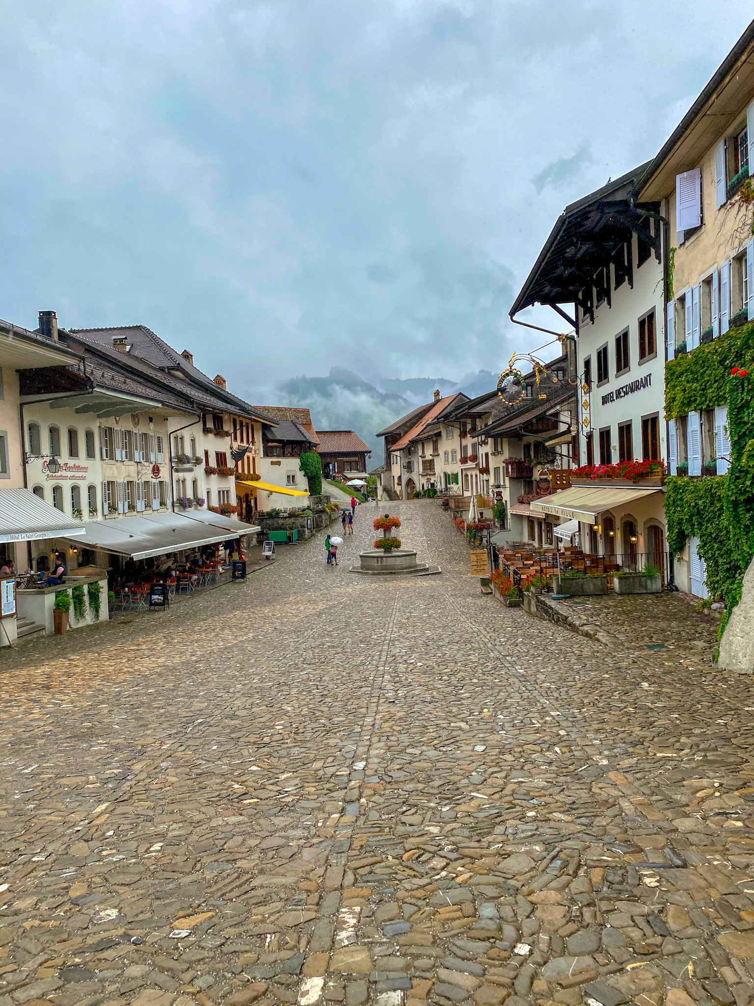 View of the Main Street in Gruyères in Switzerland