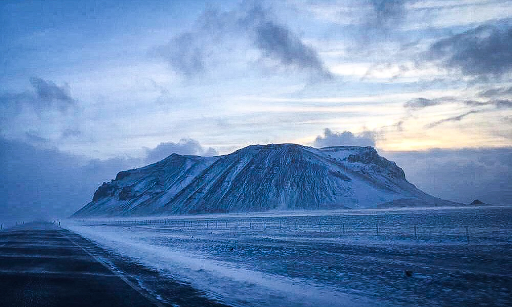 Stormy and snowy mountain in Iceland